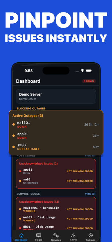 NagMon dashboard with a tactical overview of outages, host issues, and service issues